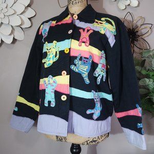 Vintage LIFE STYLE PETITE Cool Cats Pastel Embroidered Applique Buttoned Blazer